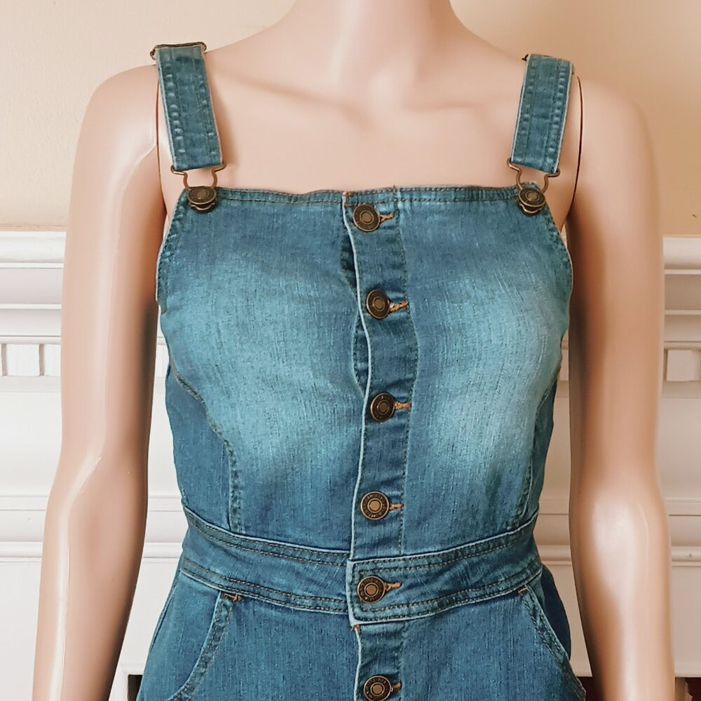 Women's Overall Mini Dress Button Front Stretch Raw Hem Denim Romper Pockets